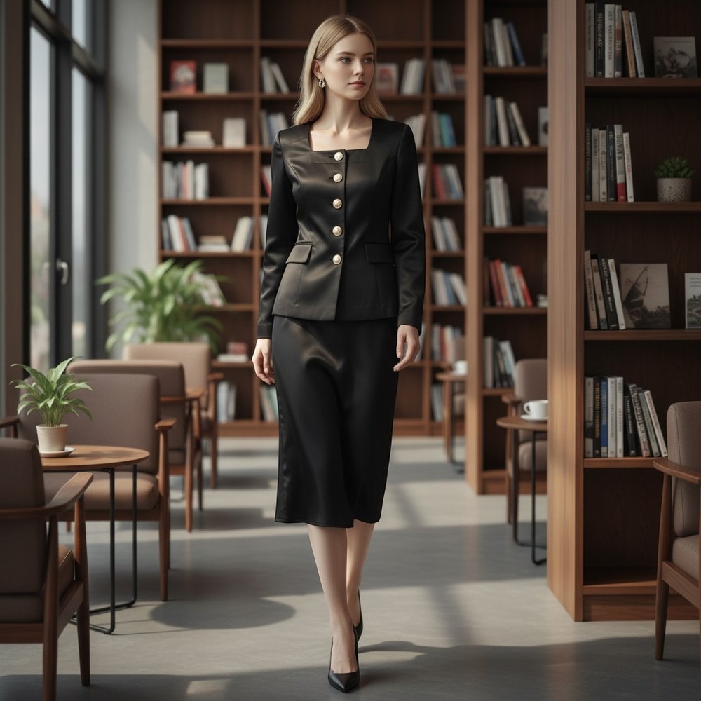 KTF by Kristinn Steinarr Black Satin Skirt Suit Set Pearl Button Jacket Size 16